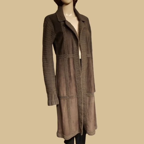 William B Vintage Fall Coat Crochet & Suede Leather / Silk Lined / Sz S / Brown - Picture 6 of 17
